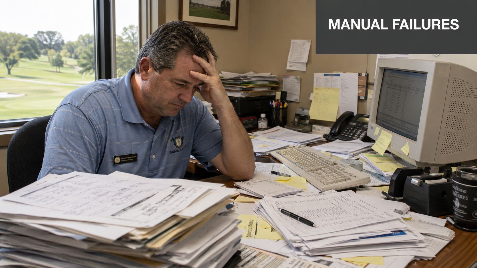A stressed office worker sitting at a cluttered desk with piles of paperwork and a computer.