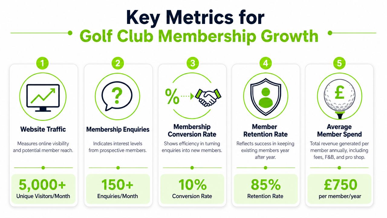 A diagram outlining five key performance metrics for measuring golf club membership growth and success.