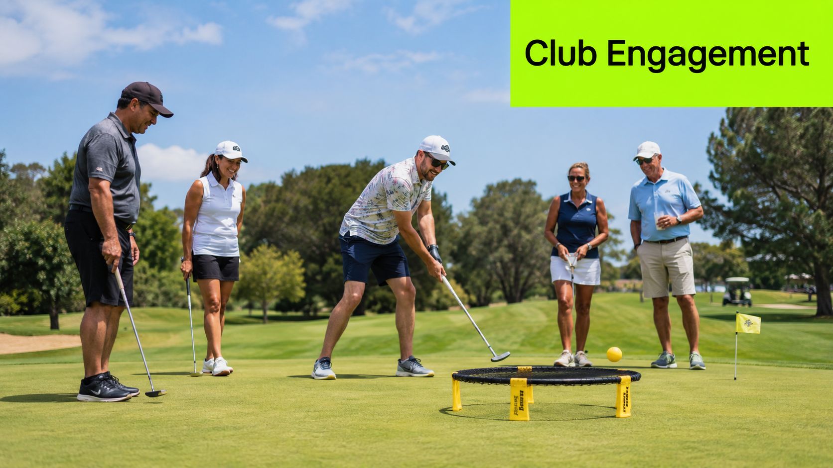 A group of people playing a fun hybrid game combining golf and roundnet on a green.
