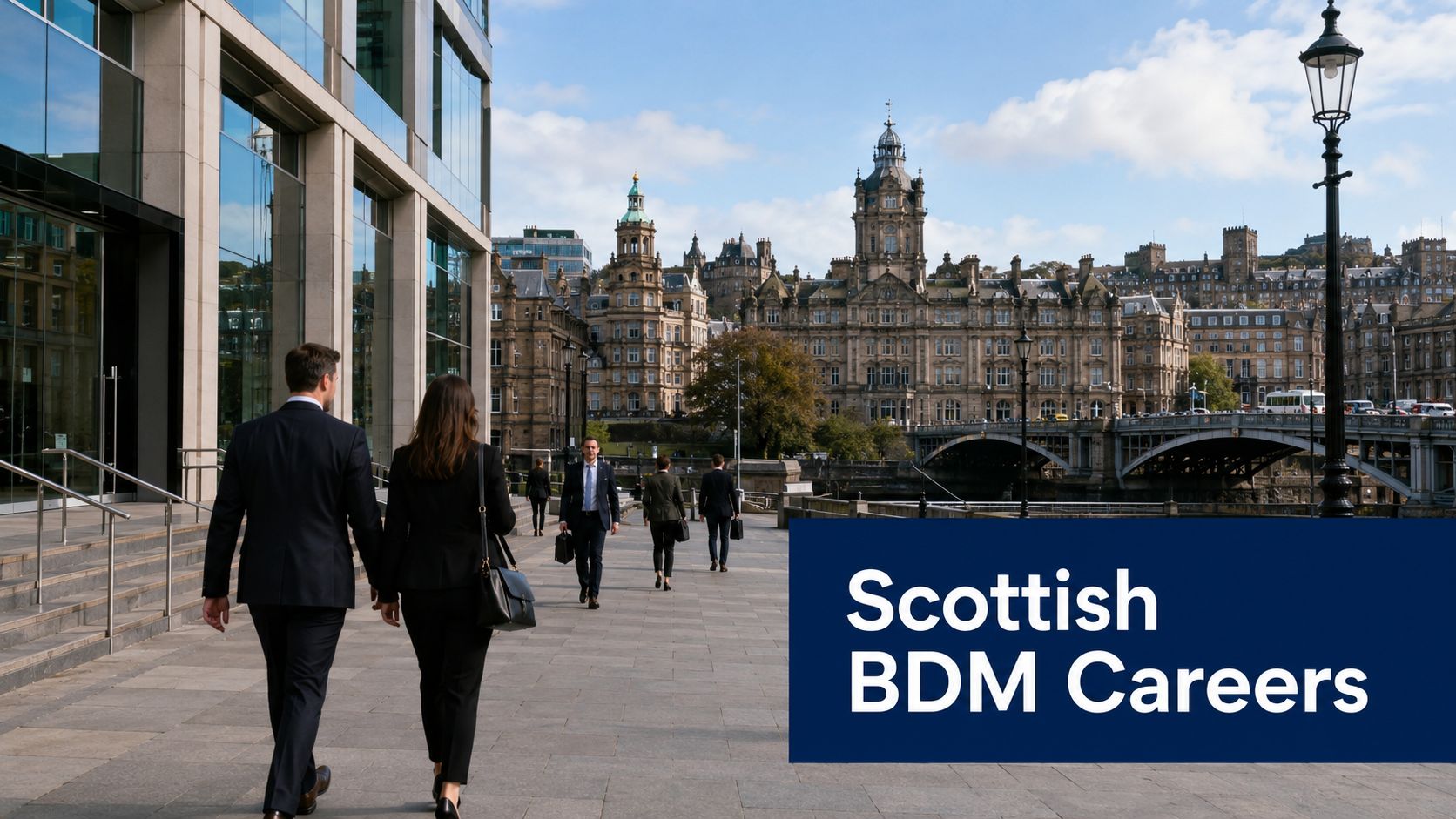 Business professionals walking towards the historic Edinburgh cityscape on a sunny day in Scotland.
