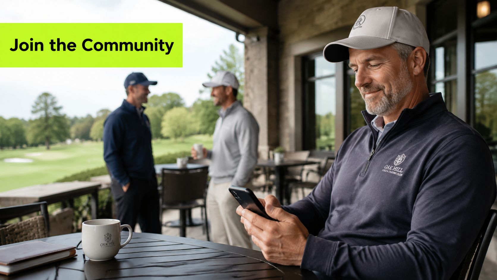 A man wearing a golf club branded sweater checks his smartphone while others talk in the background.