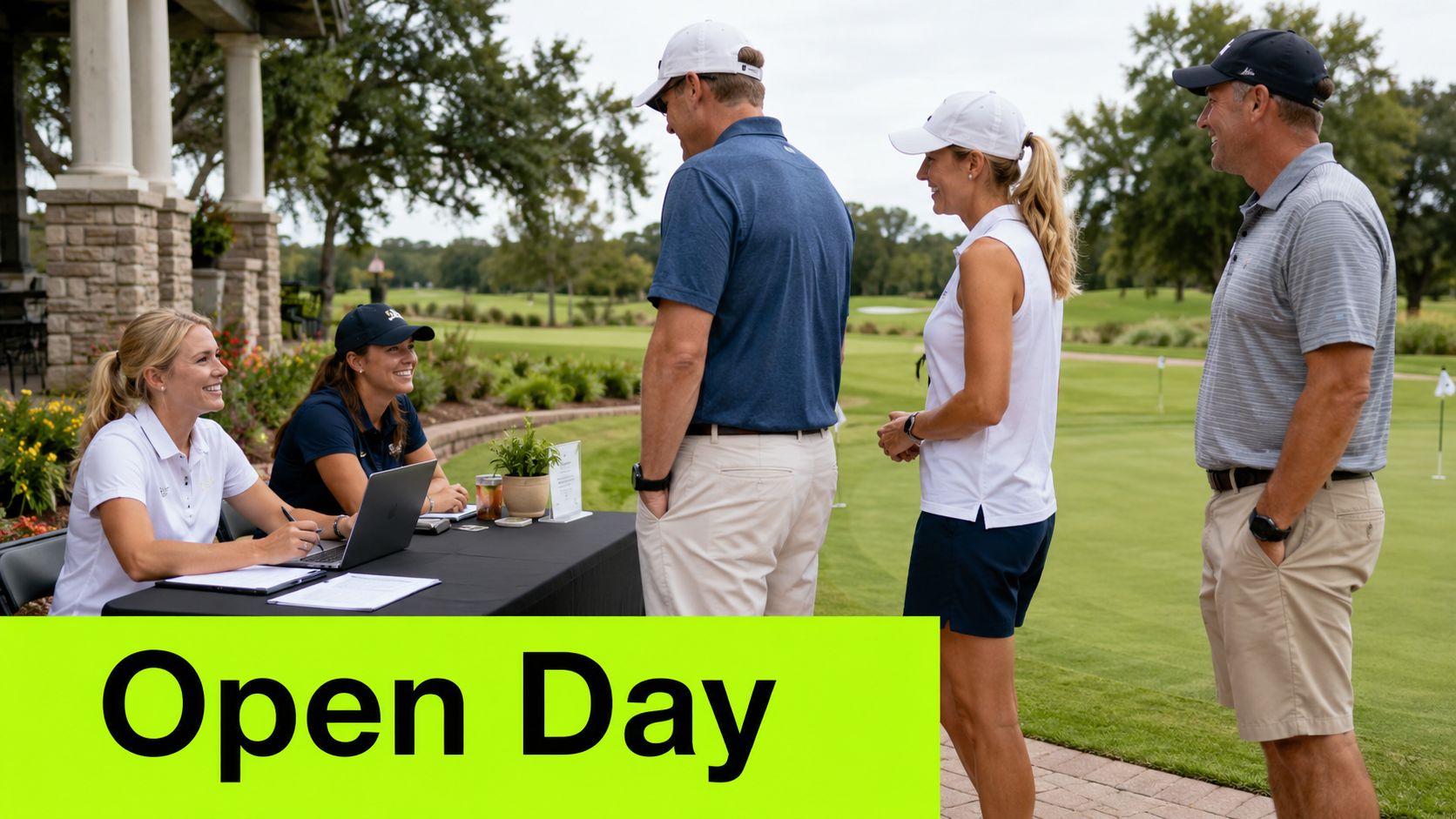 Organizers welcoming players at an outdoor check-in registration desk during a sunny golf tournament open day event.