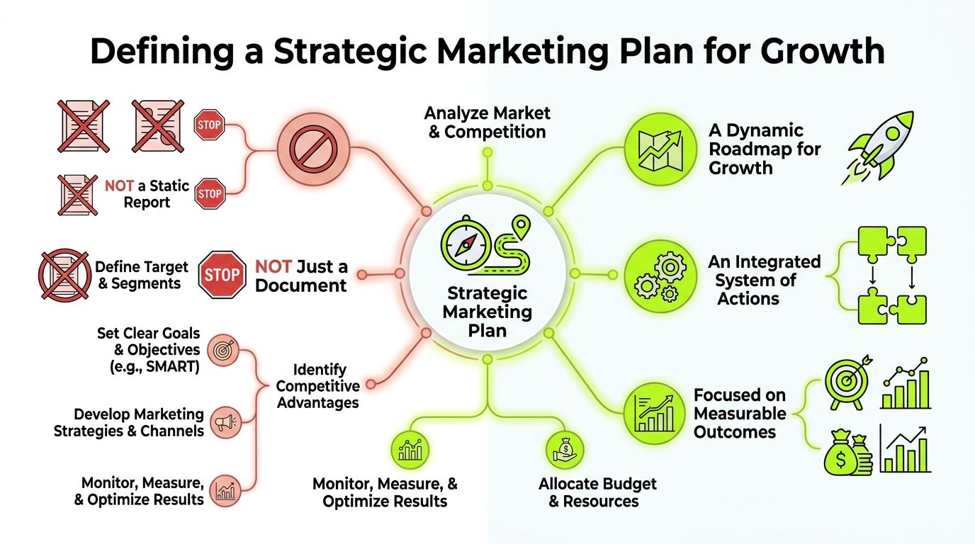 A visual mind map outlining the key components of a successful strategic marketing plan for business growth.