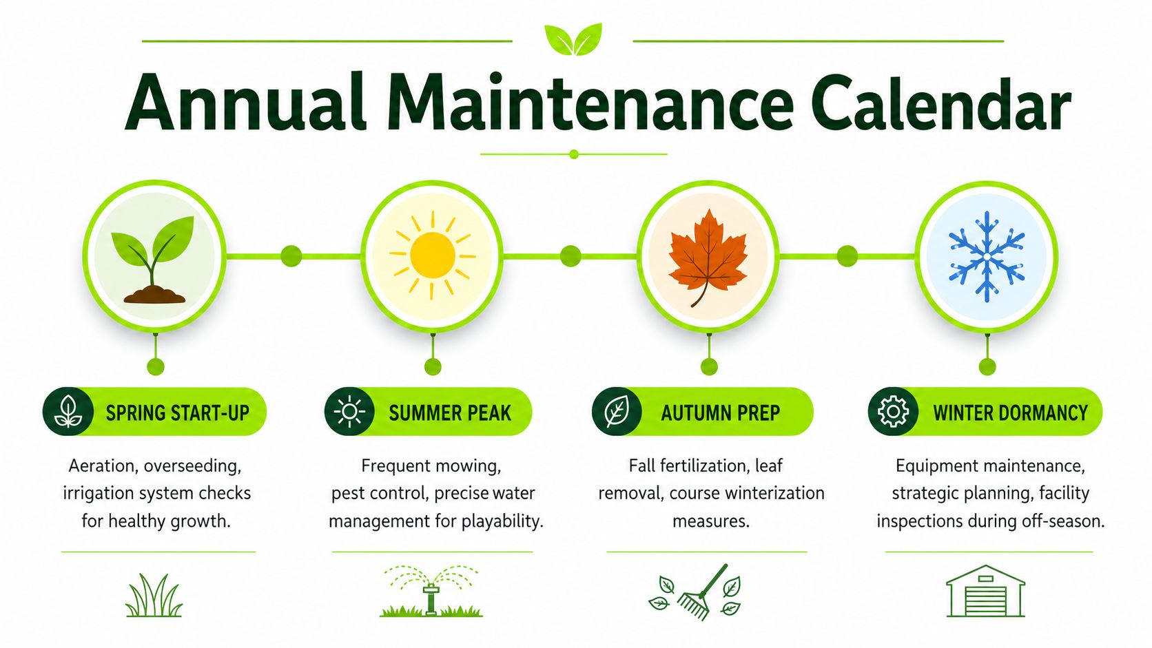 An infographic titled Annual Maintenance Calendar illustrating essential seasonal tasks for maintaining a golf course or lawn.
