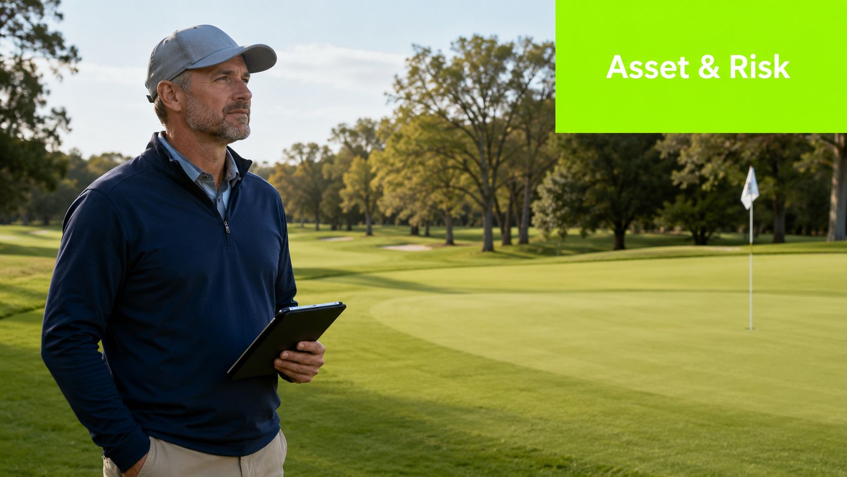 A professional man holding a tablet on a golf course under bright daylight.