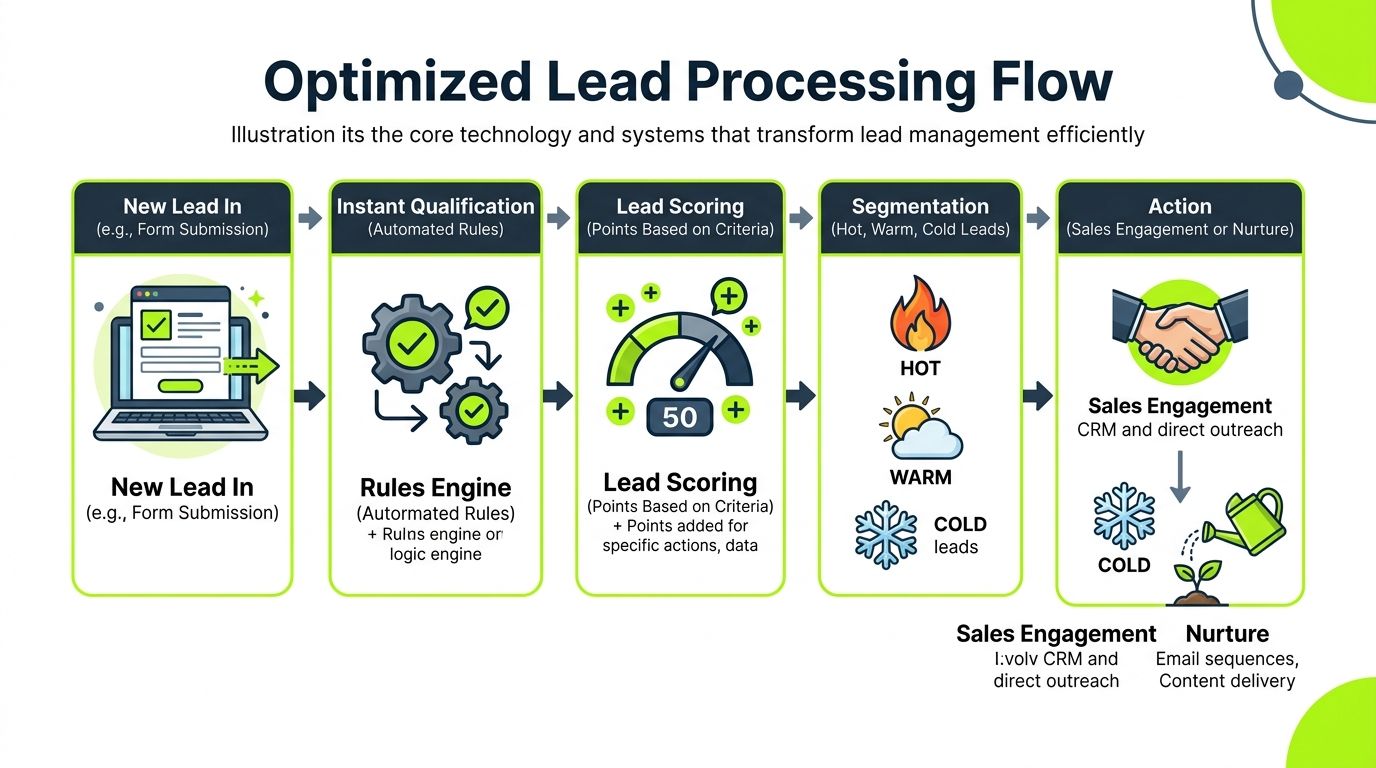 A diagram illustrating an optimized lead processing flow from initial form submission to sales engagement and nurturing.
