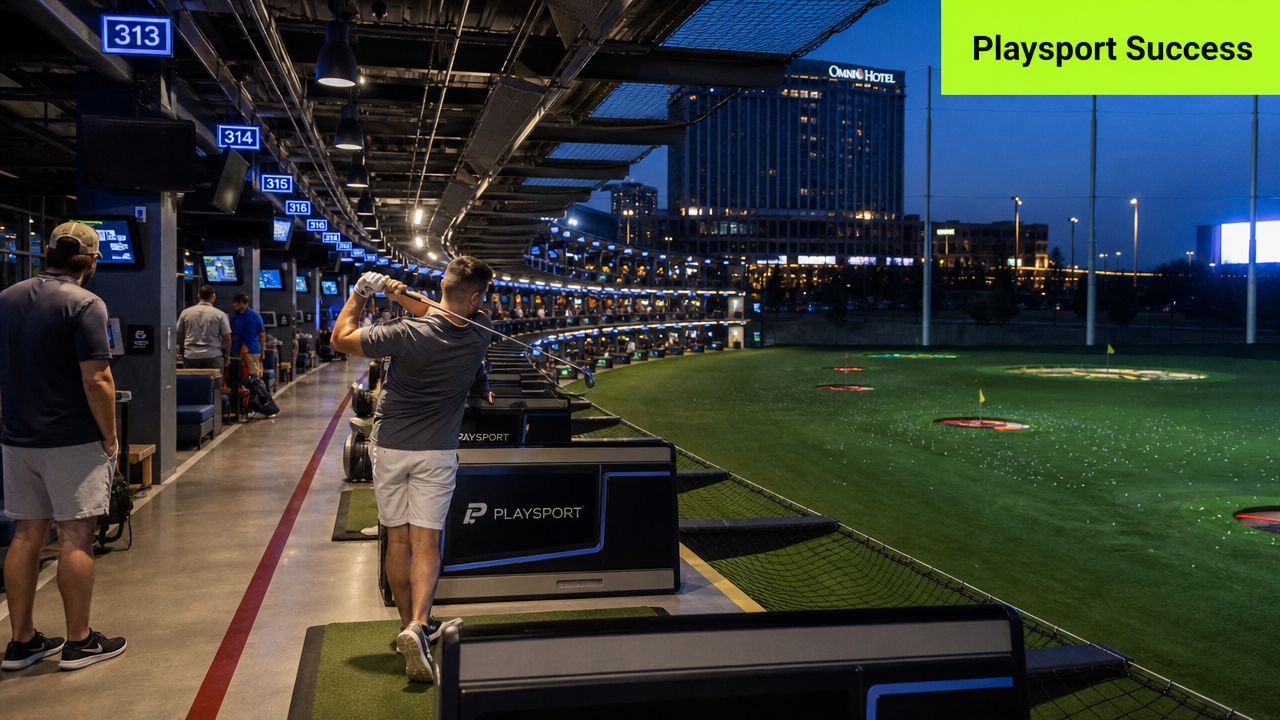 A man swings a golf club at a nighttime driving range with a city hotel in background.