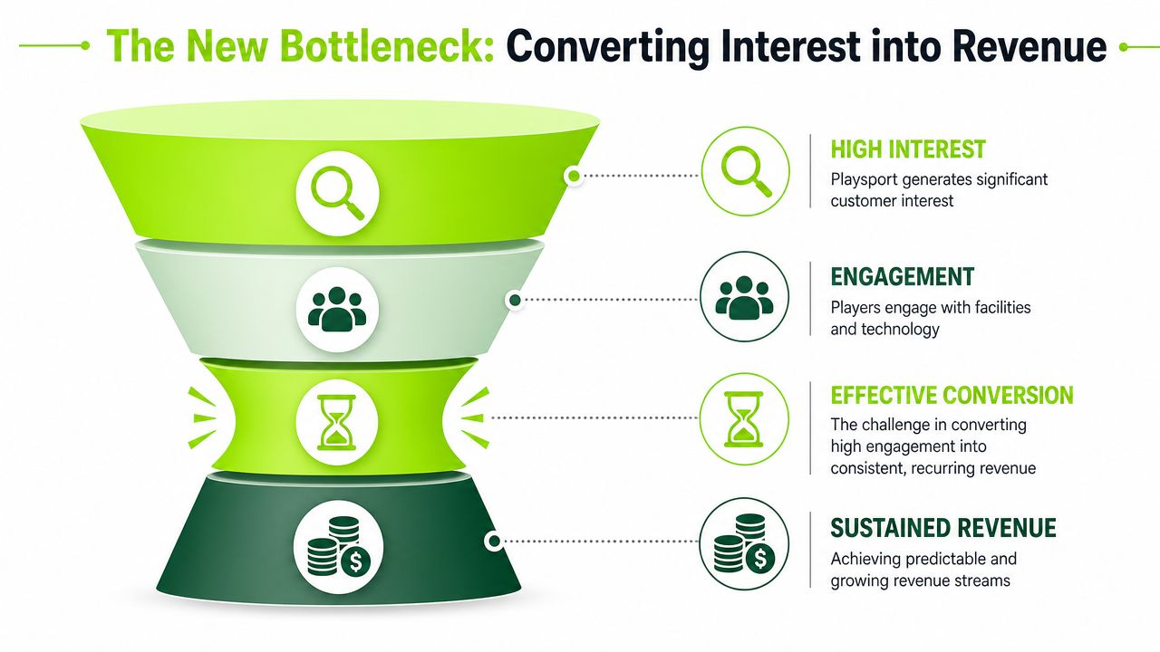 A funnel diagram illustrating the business process of converting customer interest into sustainable revenue for Playsport.