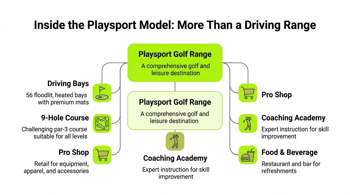 A chart detailing the Playsport golf range, highlighting its various features like bays, courses, and coaching facilities.