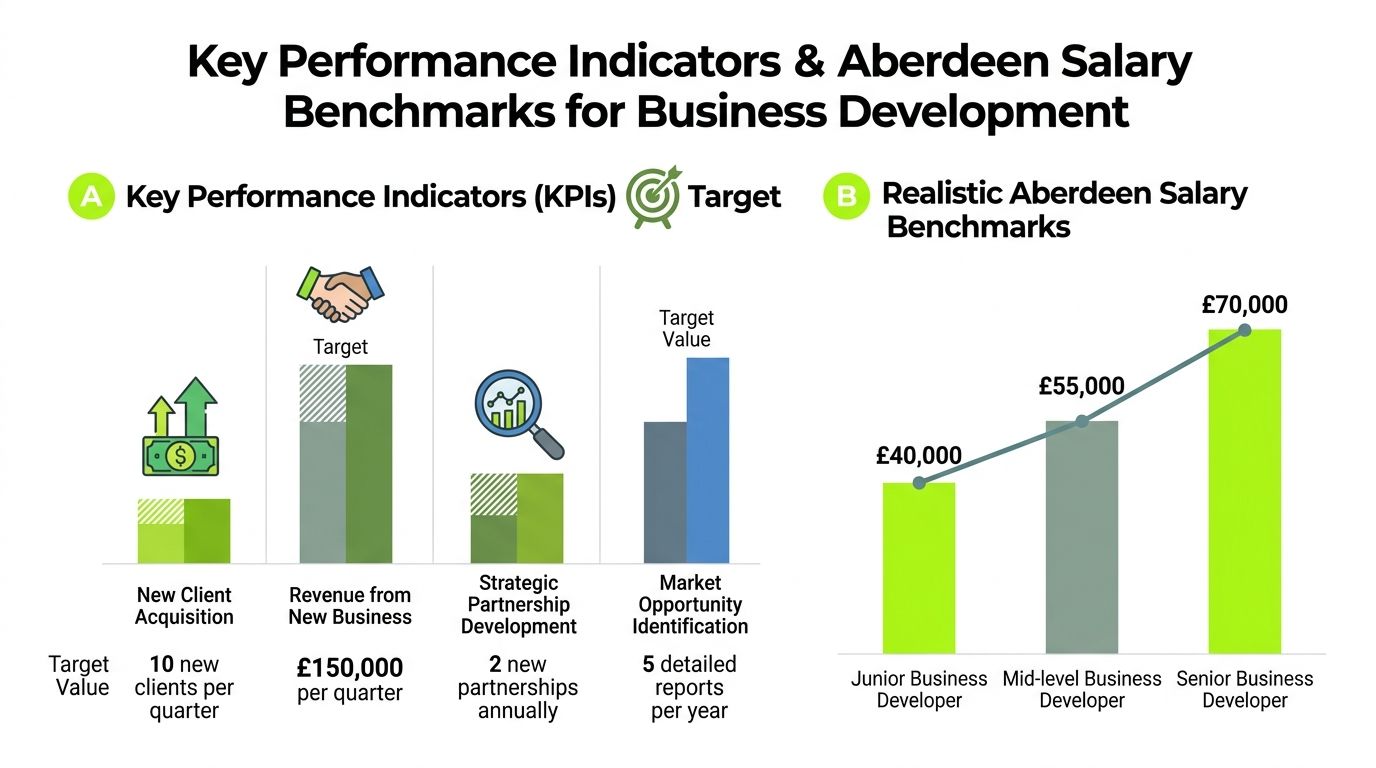 A chart detailing business development KPIs and Aberdeen salary benchmarks for junior, mid-level, and senior roles.