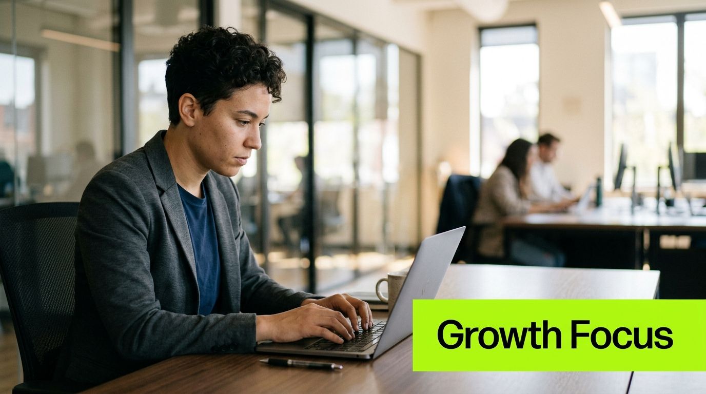 A professional working on a laptop at an office desk with a growth focus sign.