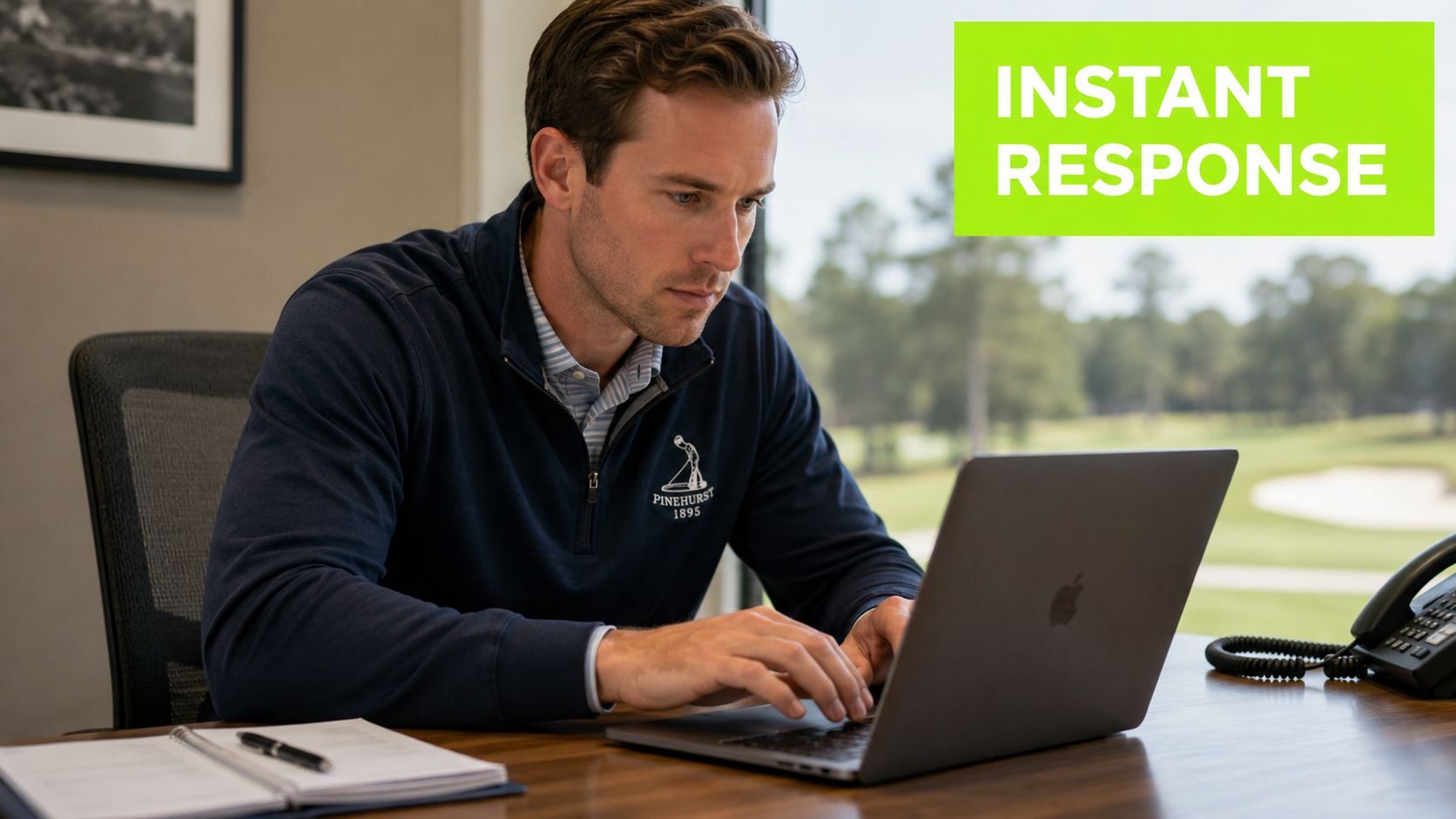 A professional man wearing a Pinehurst 1895 sweater works on his laptop in a bright office.