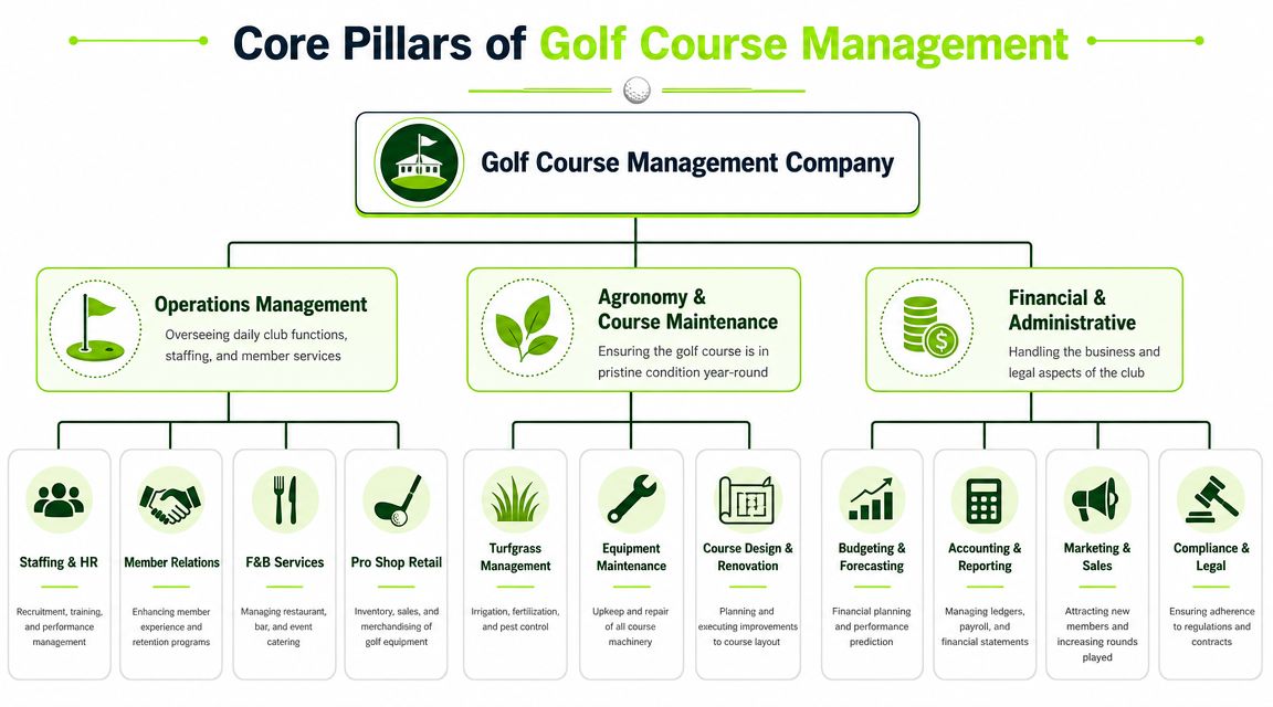 A diagram illustrating the core pillars of golf course management companies, covering operations, maintenance, and financial services.