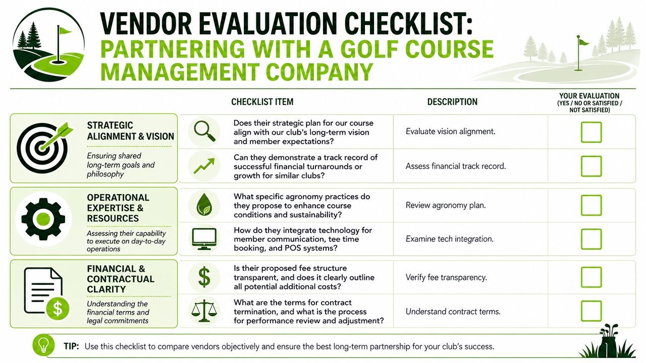 A vendor evaluation checklist for selecting golf course management companies, displayed as a professional business graphic.