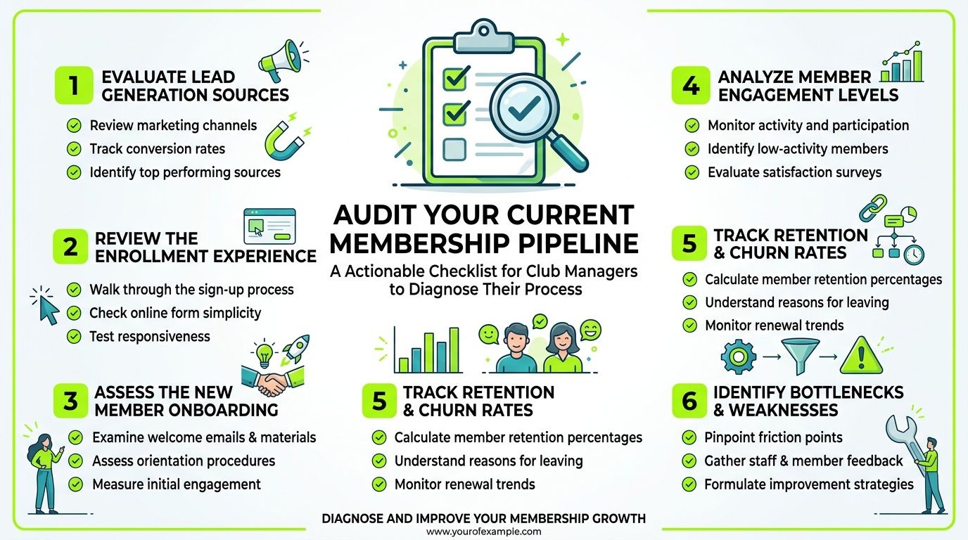 A checklist infographic illustrating six essential steps for club managers to audit and improve their membership growth pipeline.
