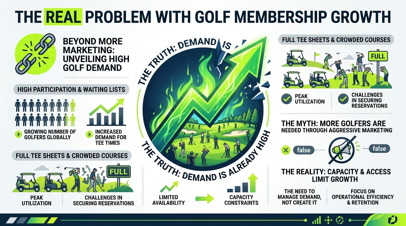 An infographic showing that golf demand is high, causing capacity issues rather than needing more marketing.