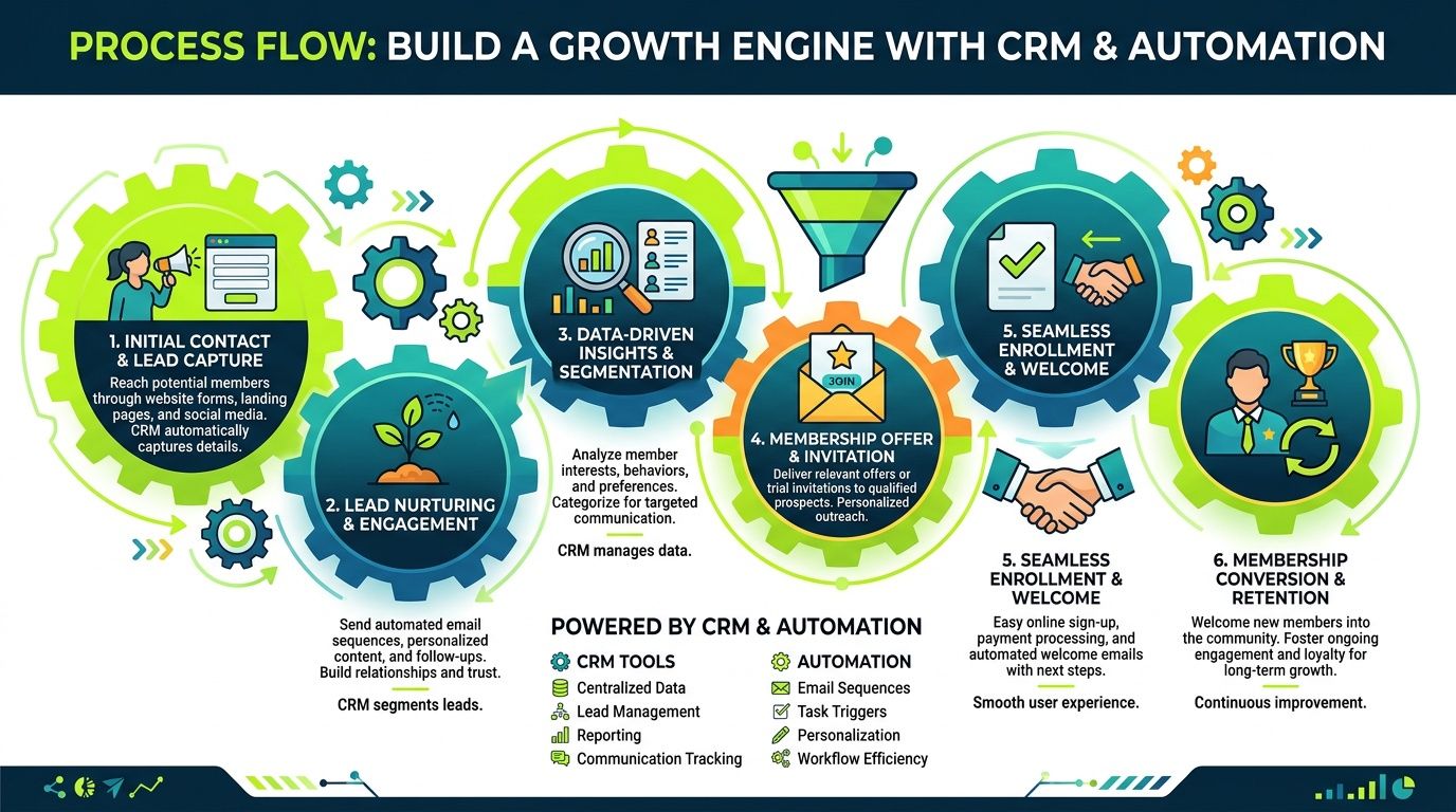 A diagram illustrating a six-step process for building a growth engine using CRM software and automation tools.