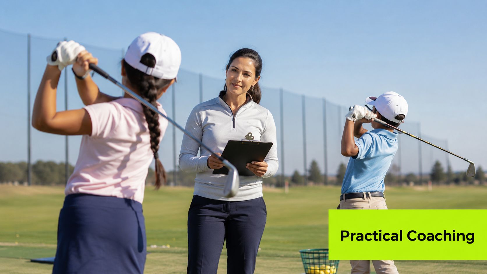 A professional golf coach observes two young children practicing their golf swings on a sunny driving range.