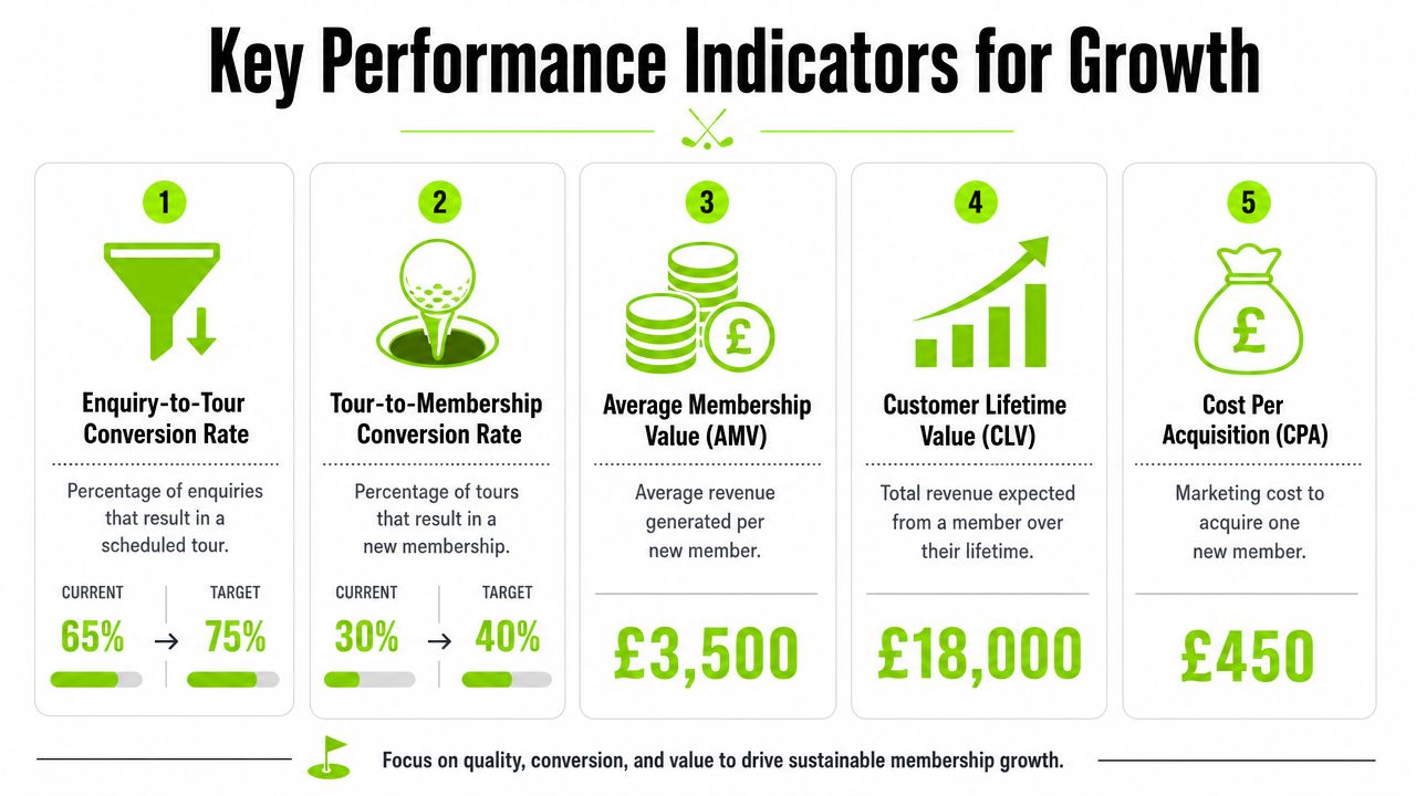 An infographic detailing five key performance indicators for growing a successful golf club membership business.