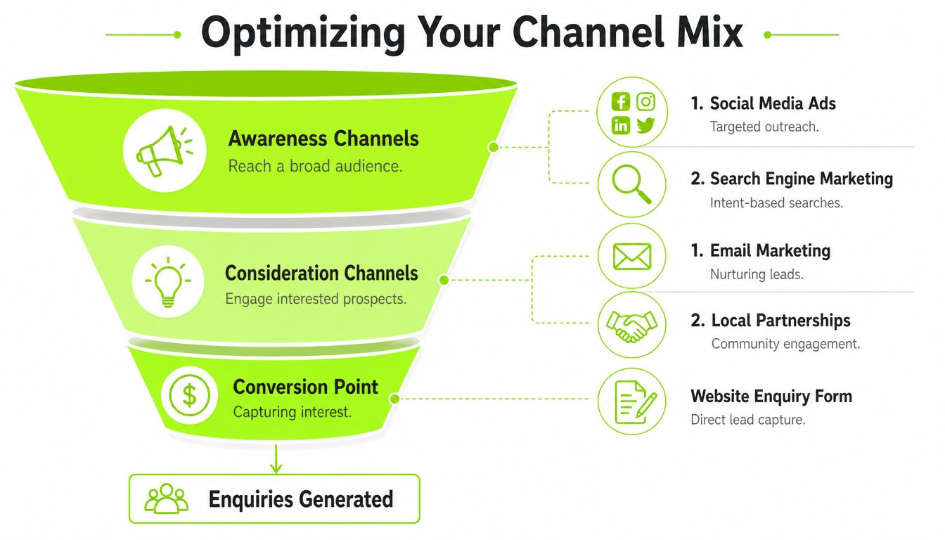 A marketing funnel diagram showing how to optimize a channel mix for generating new business enquiries.