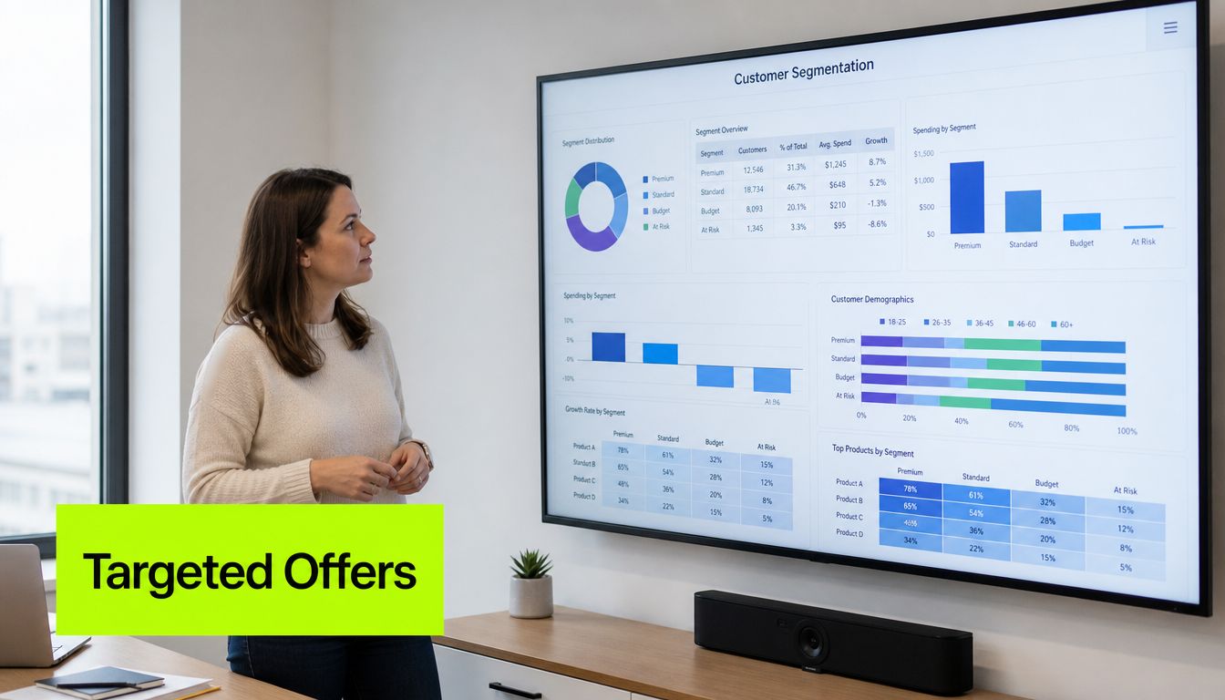 A professional woman looking at a business dashboard displaying customer segmentation data on a large wall screen.