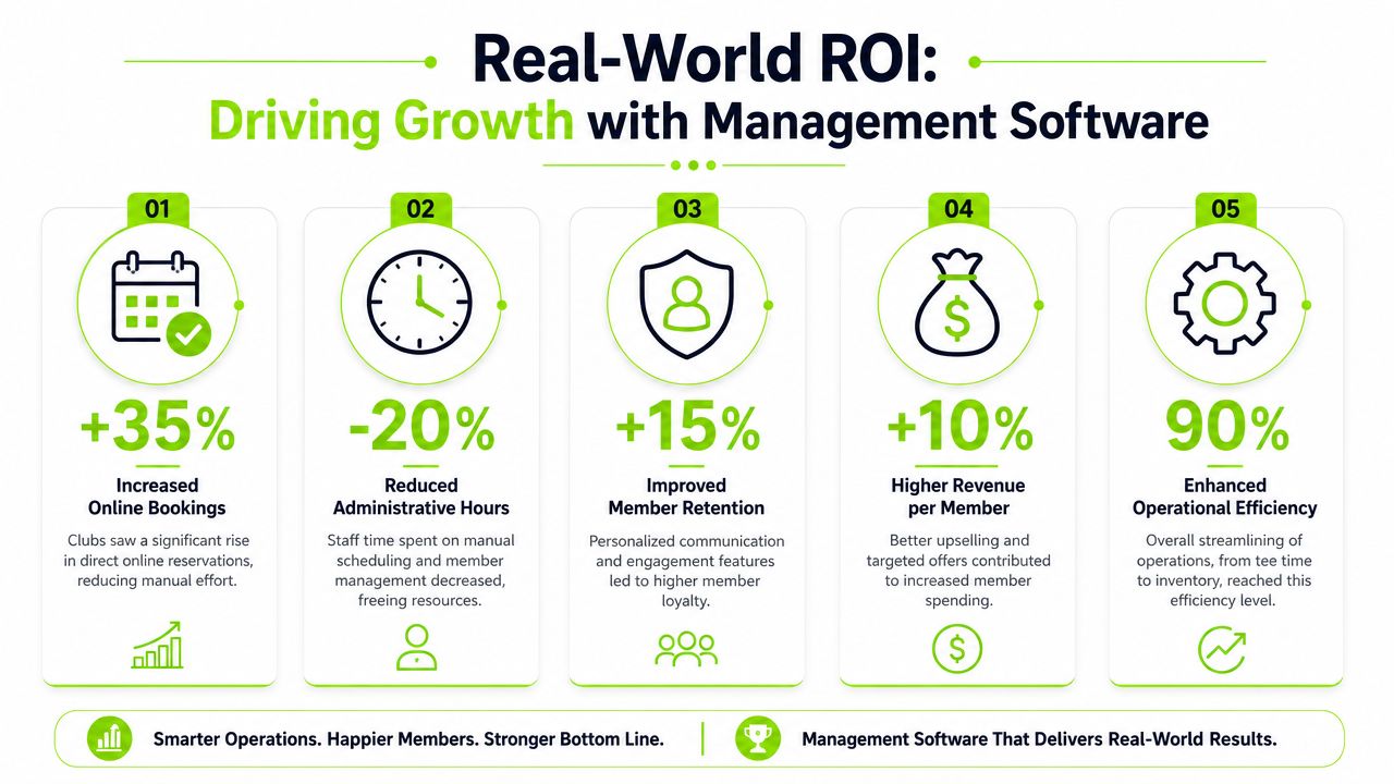 An infographic showing five key benefits of implementing management software for clubs, highlighting increased efficiency and revenue.
