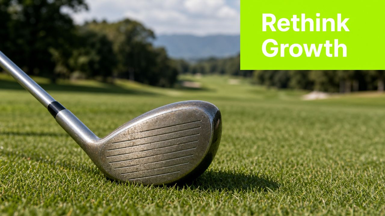 A close-up of a golf club resting on a lush green golf course fairway under sunlight.