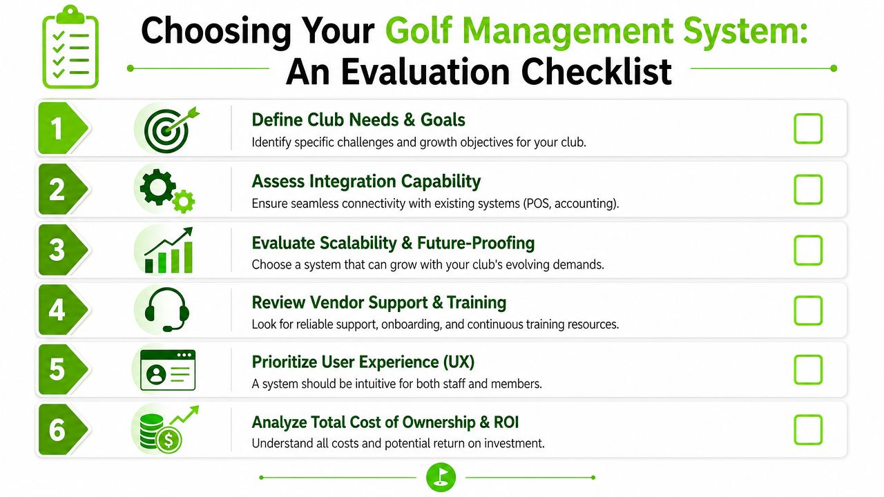 A six-step evaluation checklist for choosing the right golf management system to improve club operations.