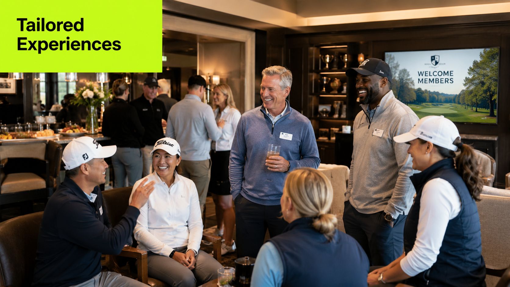 A diverse group of golfers socializing inside a cozy clubhouse during a club member retention event.