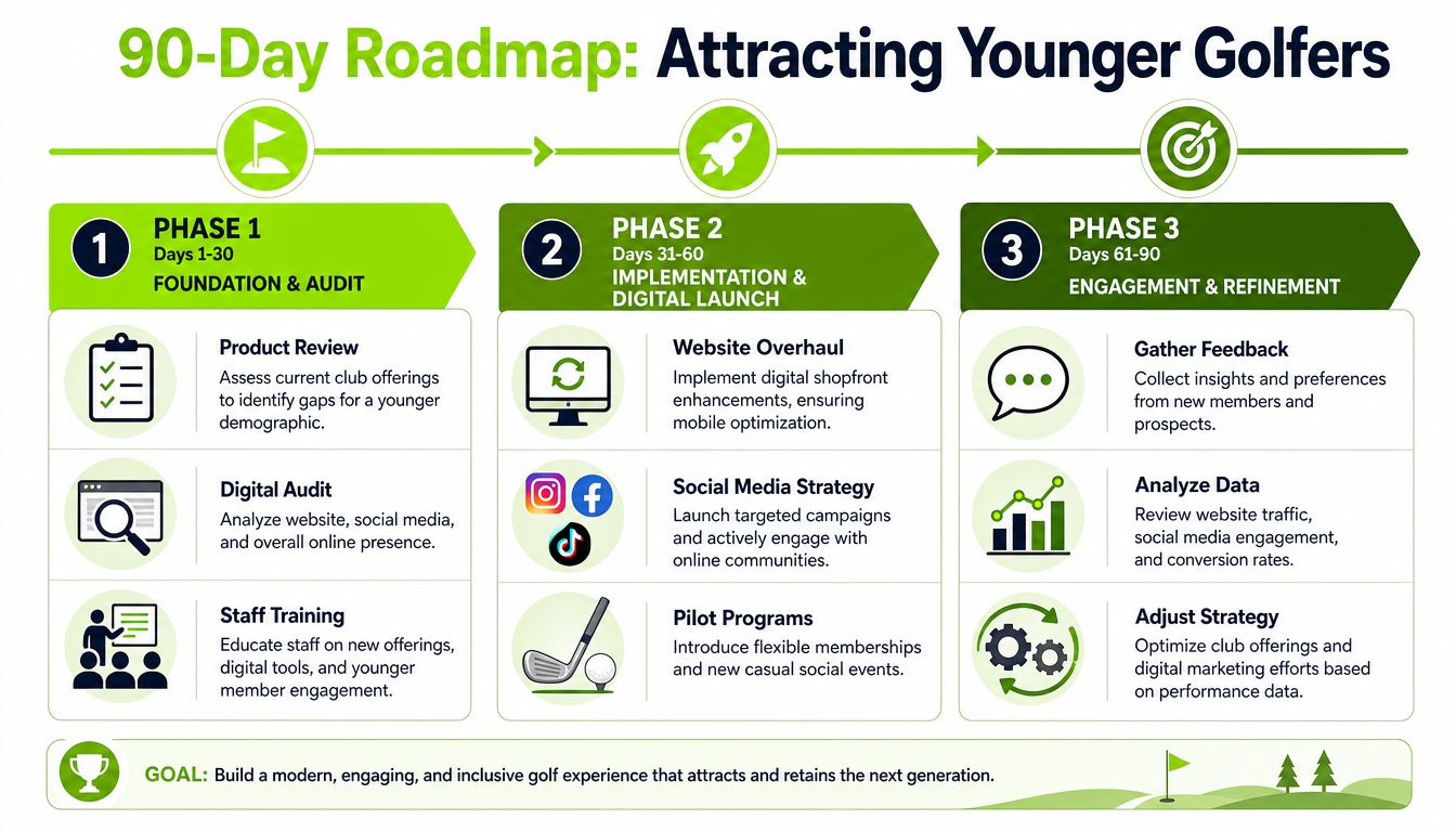A 90-day strategic roadmap graphic for attracting younger members to a golf club, outlined in three phases.
