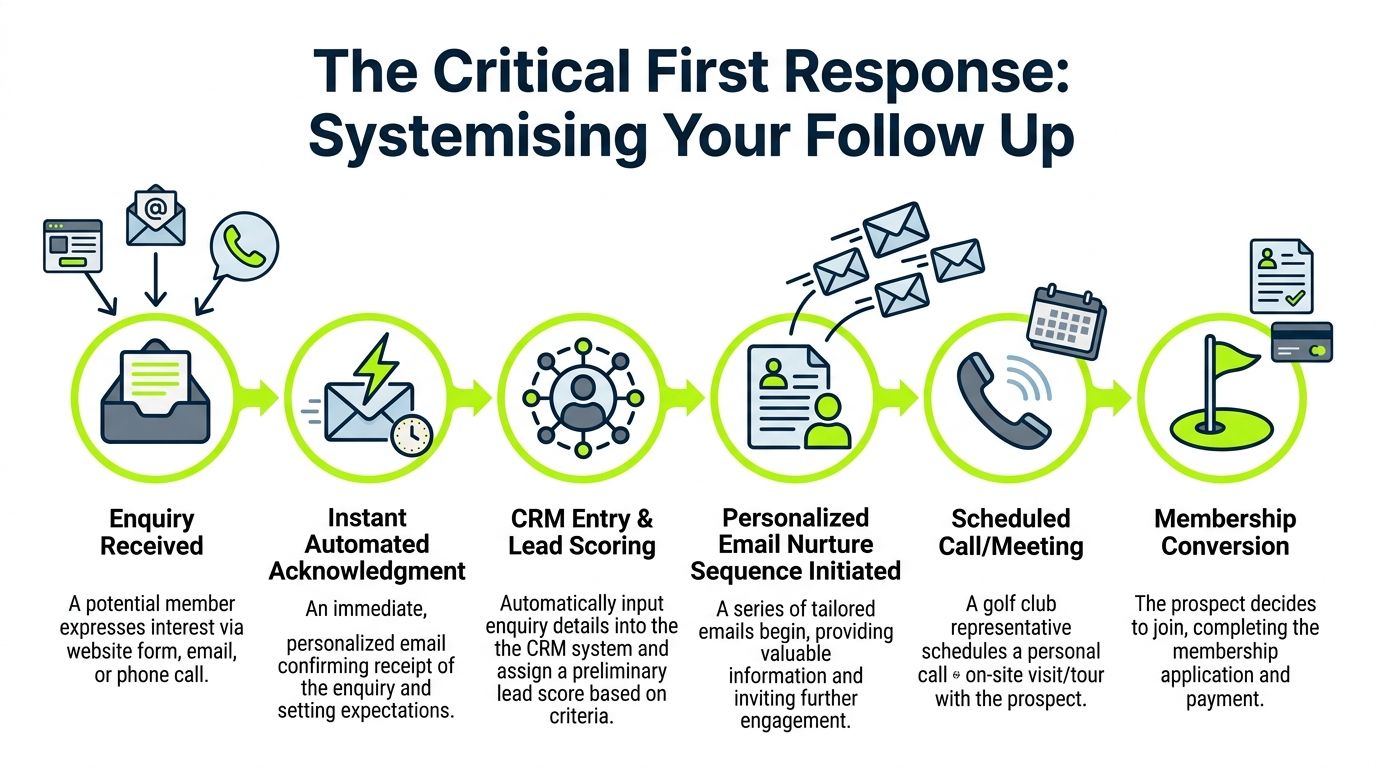 A process flow chart illustrating the six stages of managing a golf club membership enquiry system.
