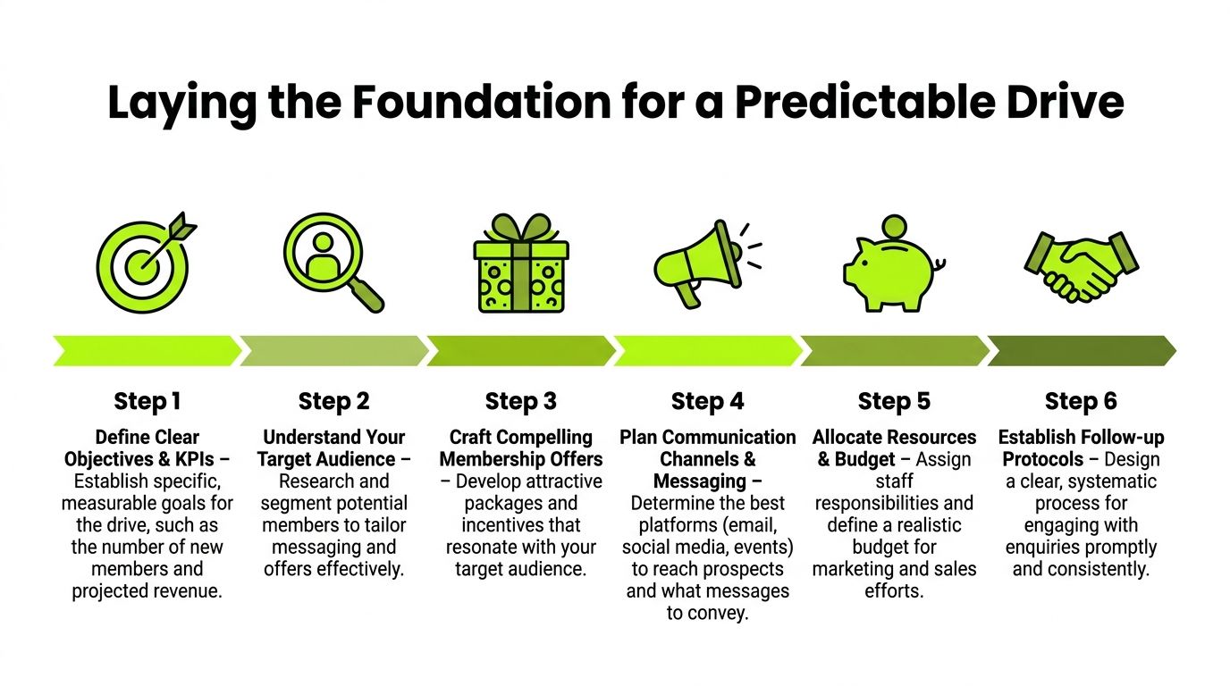A six-step infographic showing the strategic process for creating a successful and predictable membership drive for organizations.