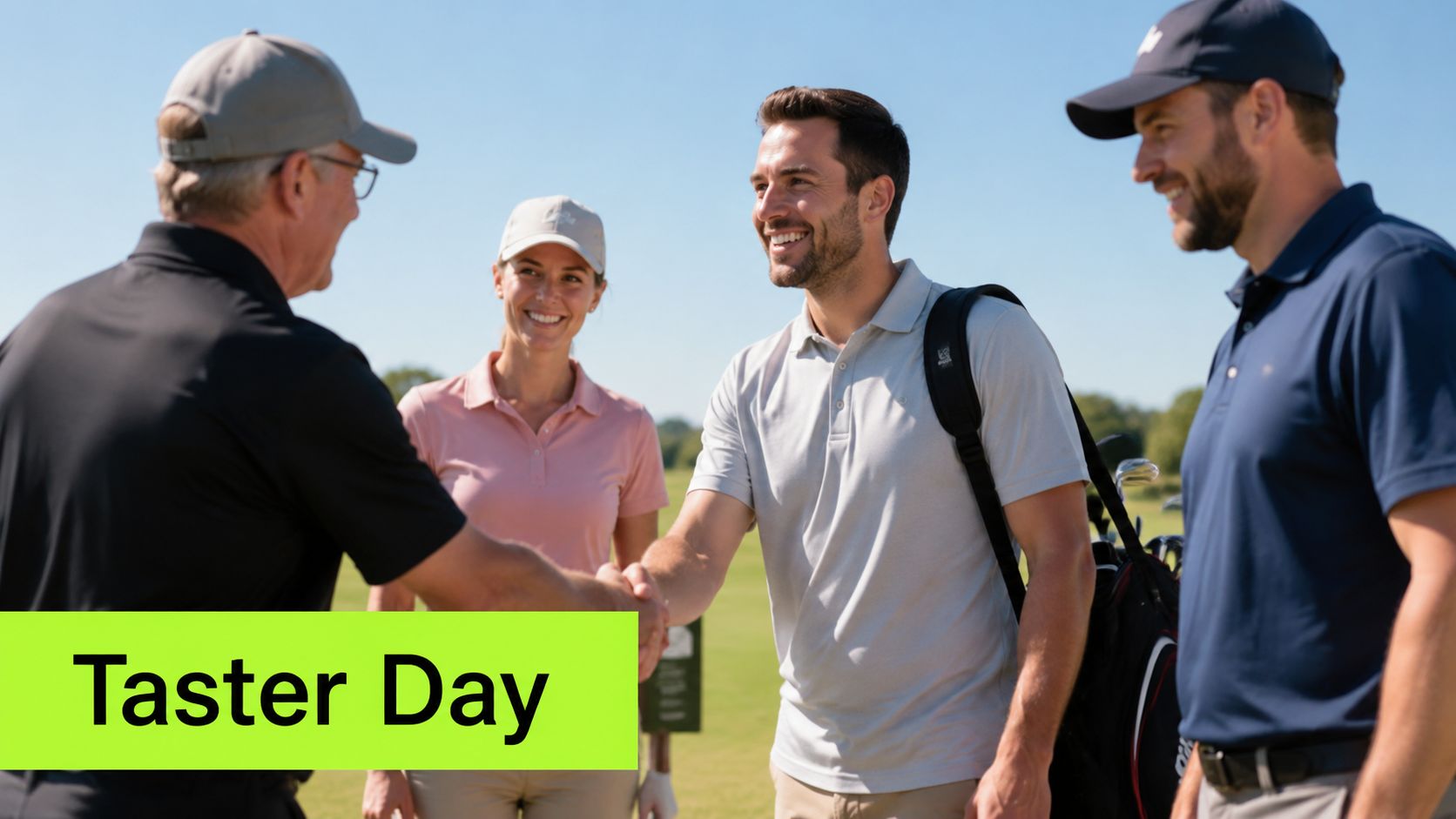 A group of golfers greeting each other with a handshake on a golf course during a Taster Day.