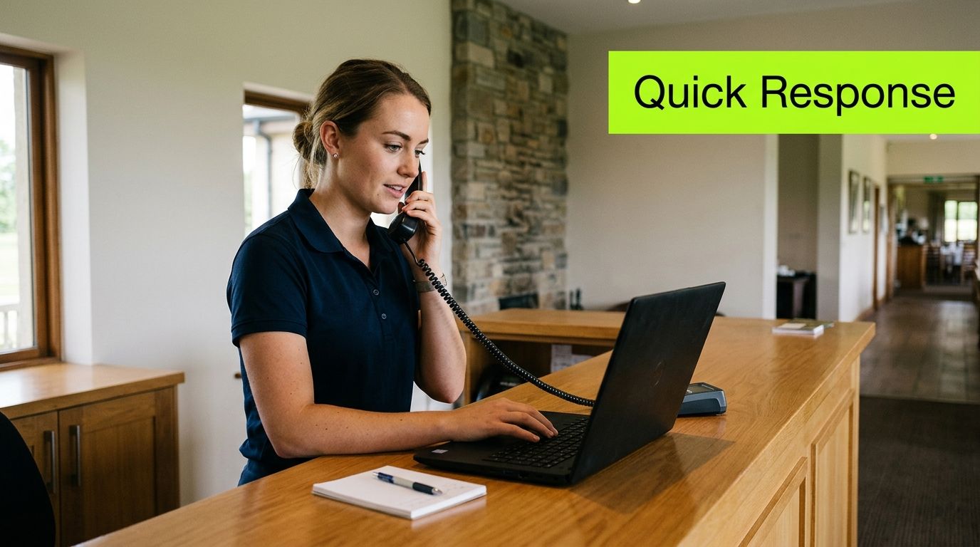 A professional receptionist at a golf club reception desk using a laptop and answering a phone call.