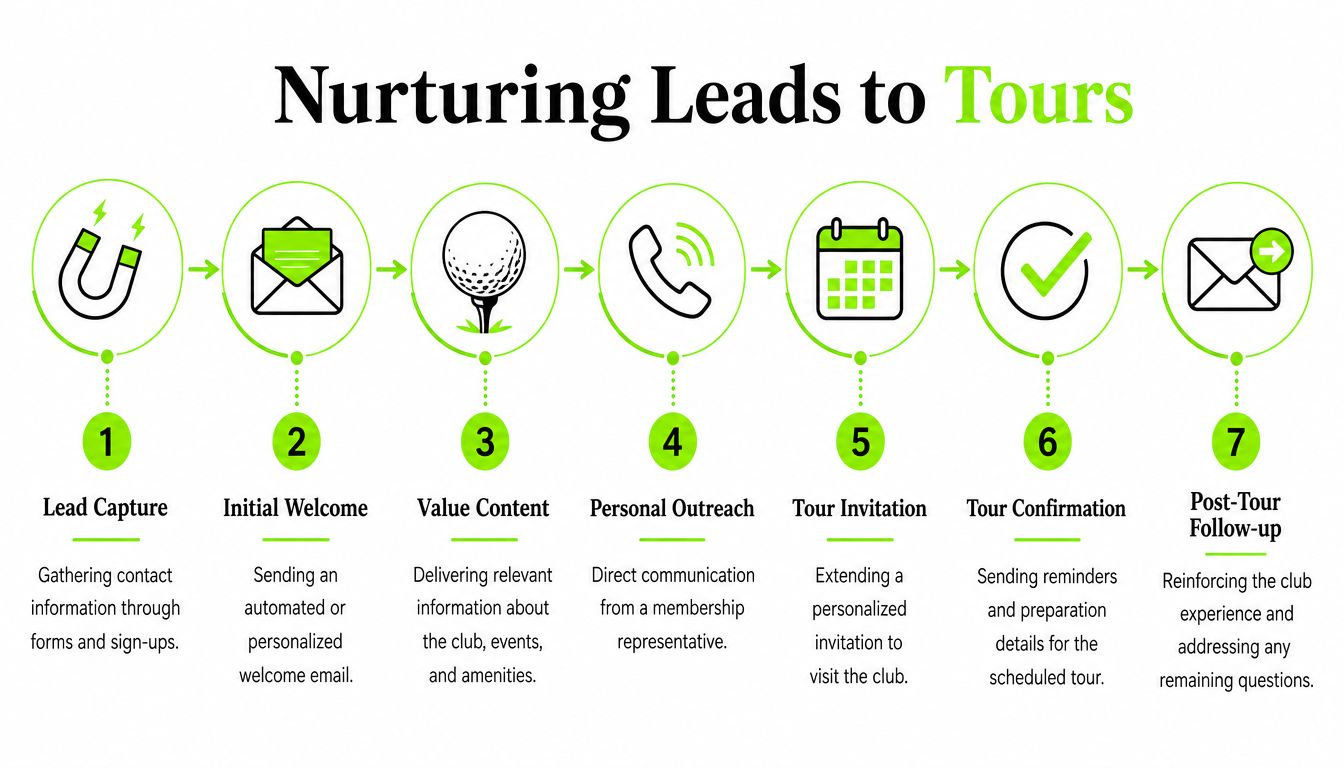 A seven-step flowchart illustrating a digital marketing strategy for nurturing golf club membership leads into booked tours.