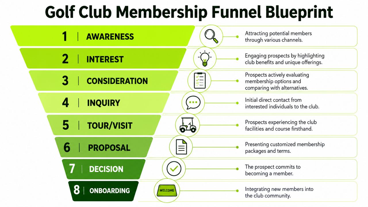 A funnel diagram detailing the eight stages of the golf club membership conversion process from awareness to onboarding.