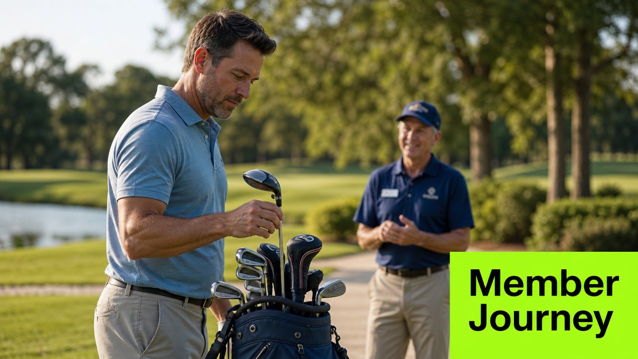 A man in a blue golf shirt selects a golf club from a bag while a instructor watches.