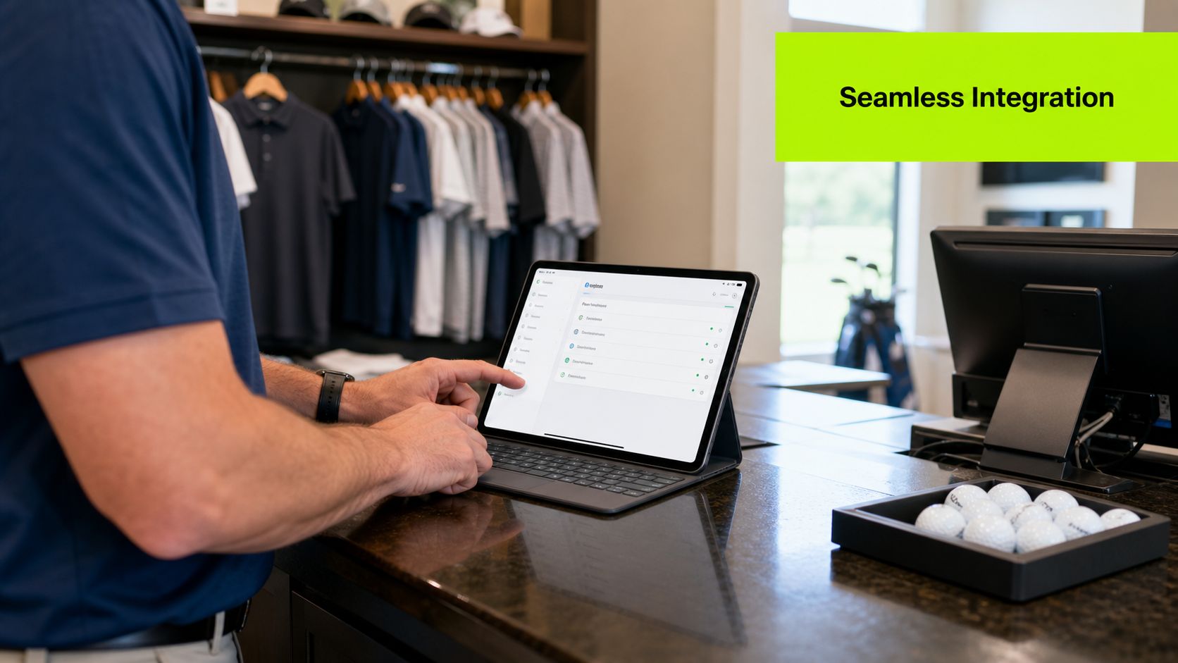 A store employee uses a tablet to manage golf shop inventory in a professional retail setting.