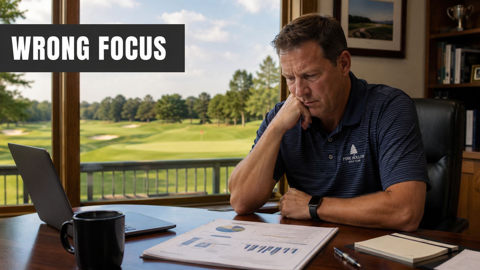 A concerned golf club manager looking at financial documents with a view of a golf course.