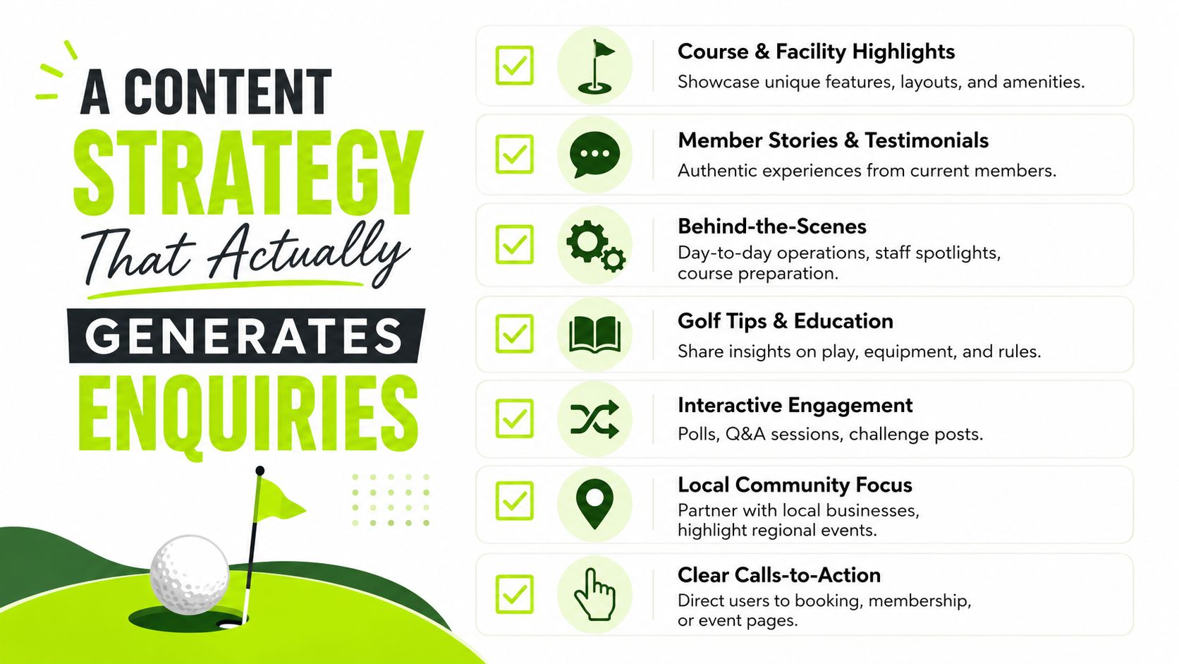 An infographic detailing seven effective content marketing strategies for golf clubs to generate more member enquiries.