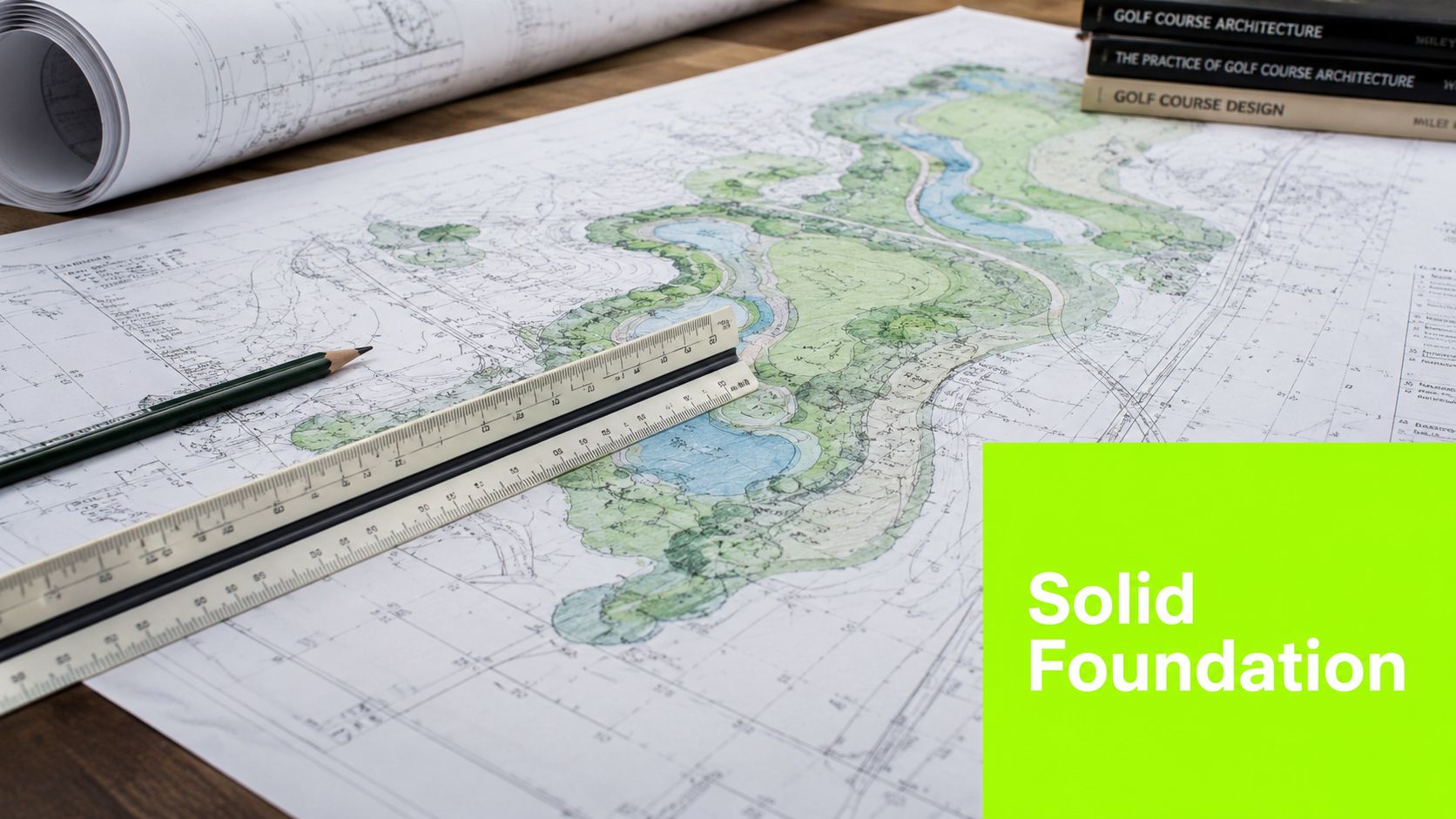 A top-down view of golf course architectural blueprints, a ruler, a pencil, and design textbooks on a table.