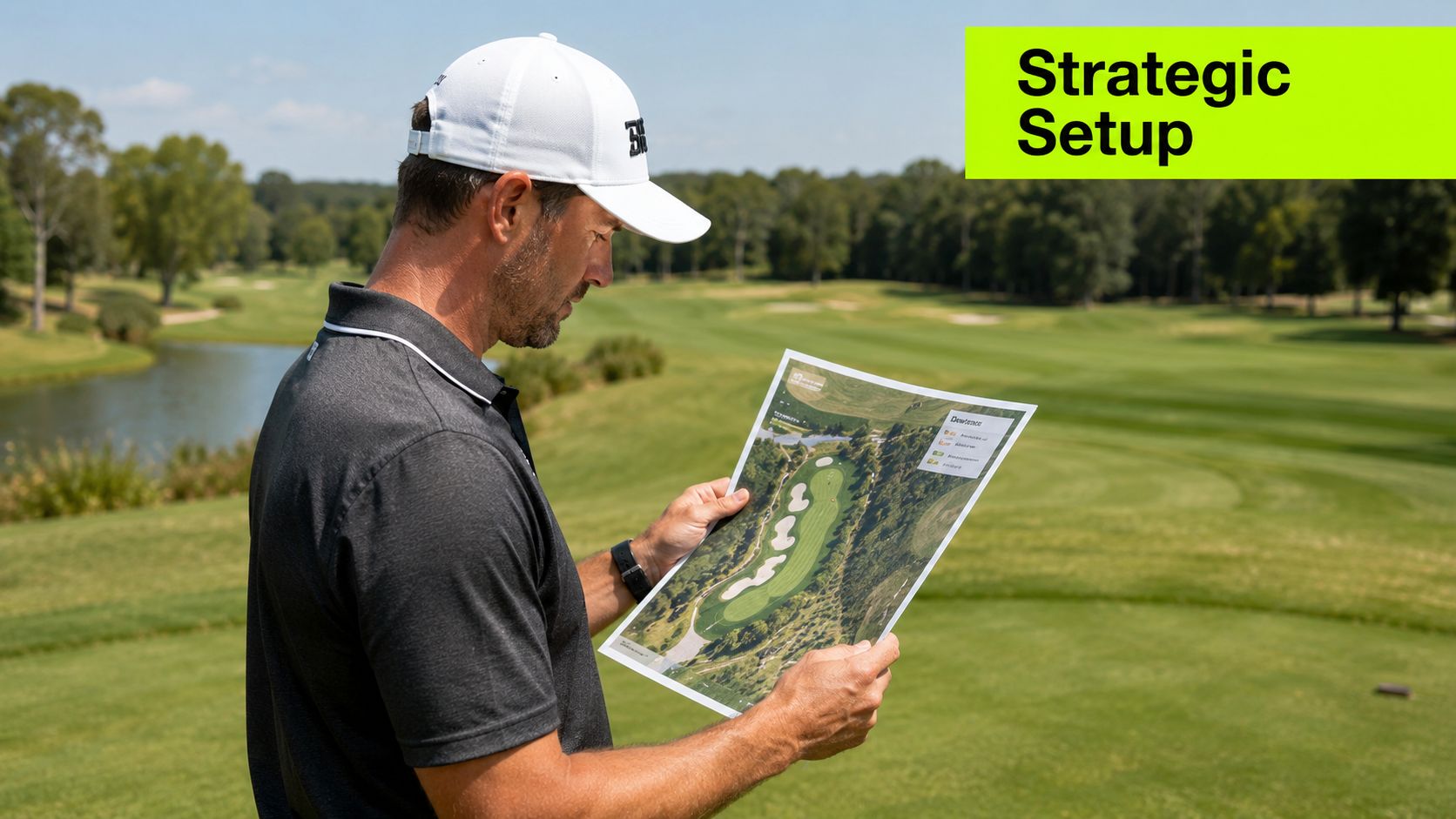 A professional golfer holding a course map on a green golf course, analyzing strategy for the game.