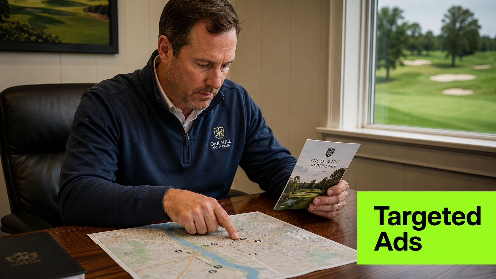 A man in a golf club sweater reviews a map and brochure while sitting at a desk.