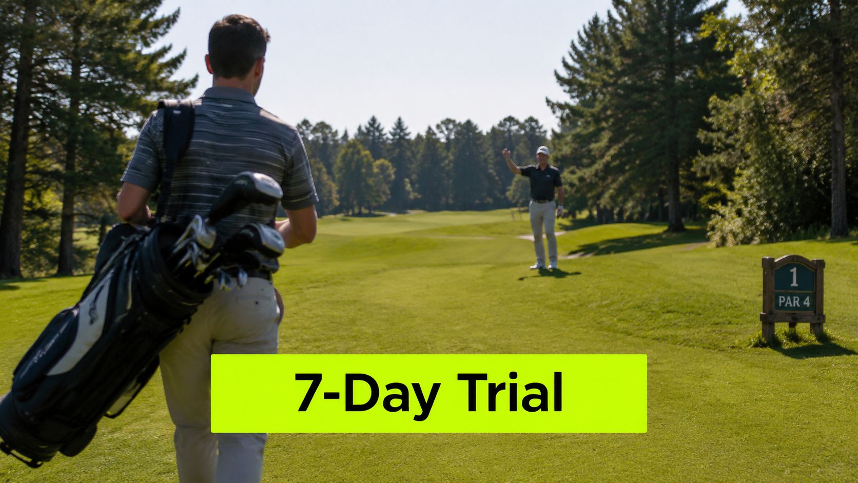 A golfer walks toward a distant partner on a sunny golf course near a tee box sign.
