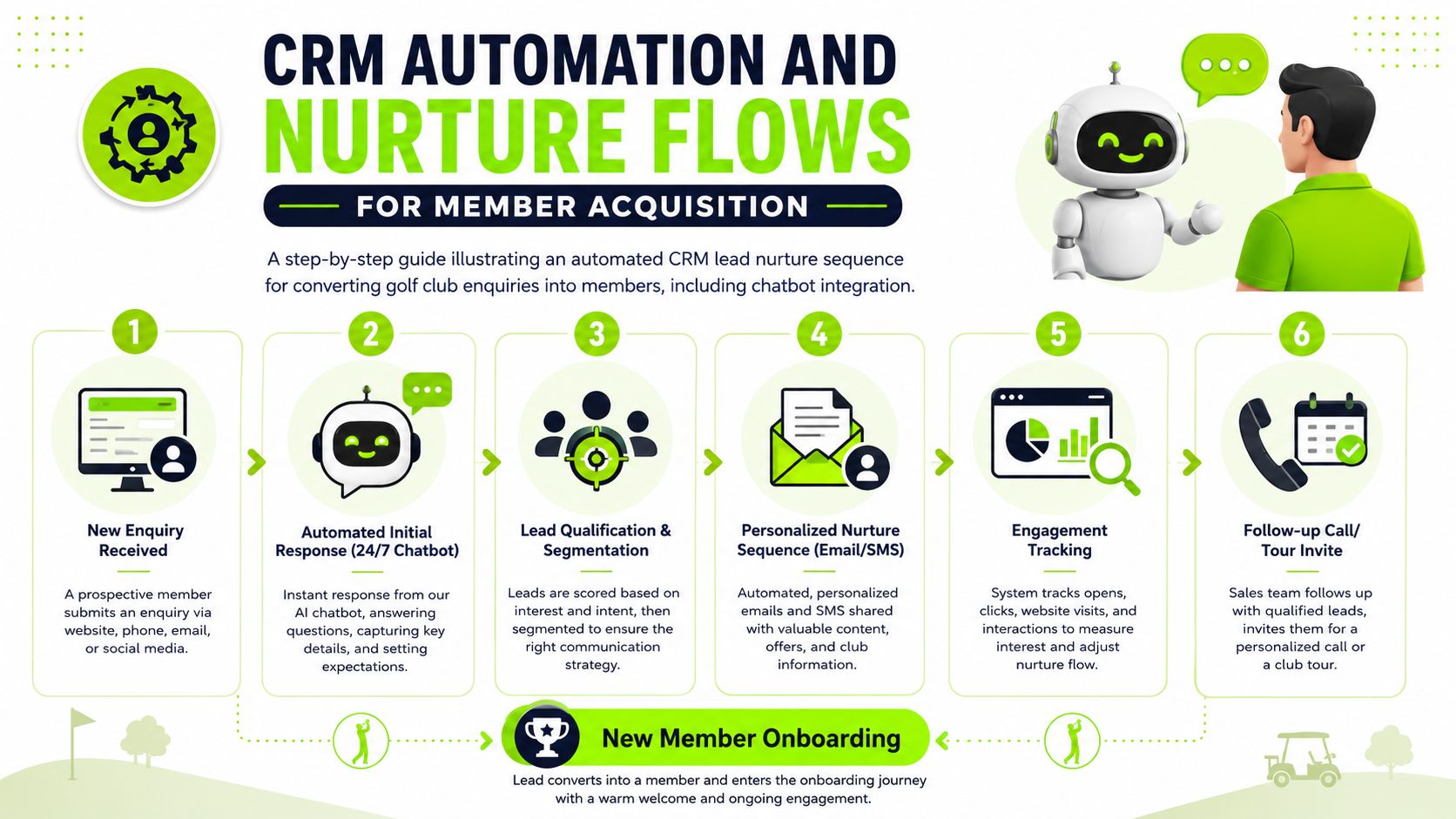 A diagram illustrating an automated CRM lead nurture sequence for converting golf club enquiries into new members.