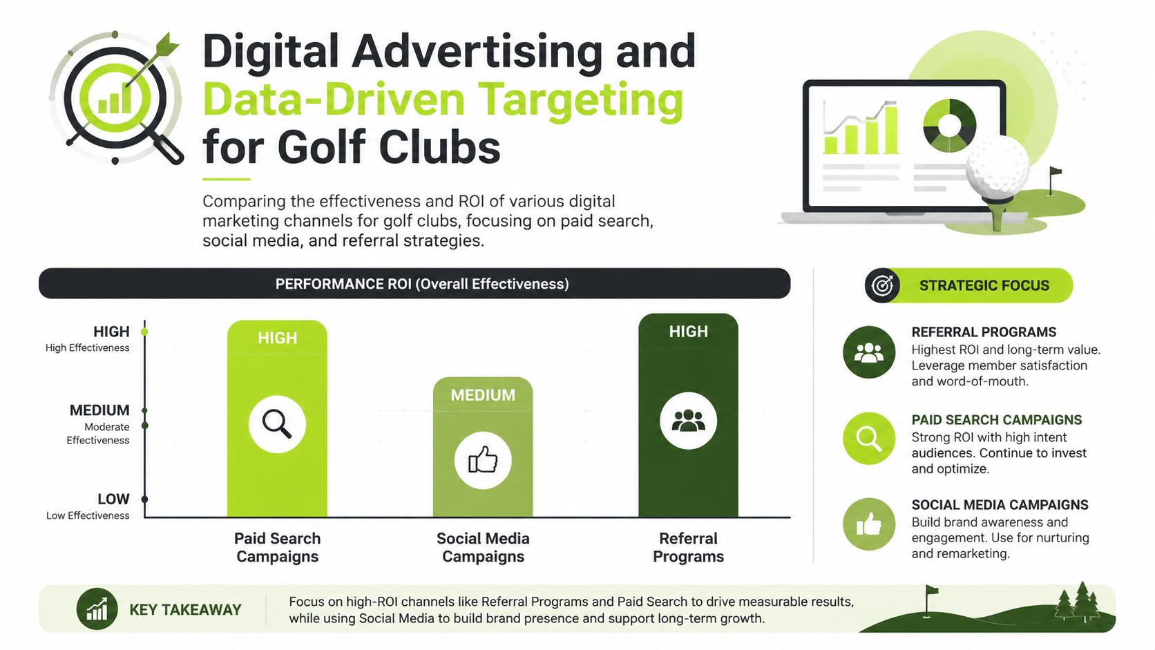 An infographic comparing the performance and ROI of golf club marketing strategies including referral programs, paid search, and social media.