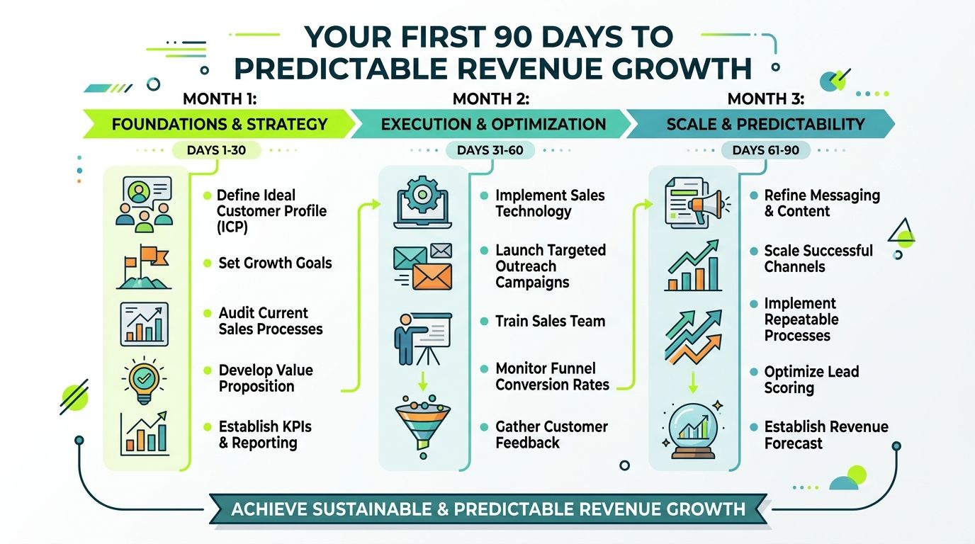 A 90-day roadmap infographic outlining strategies for businesses to achieve sustainable and predictable revenue growth.
