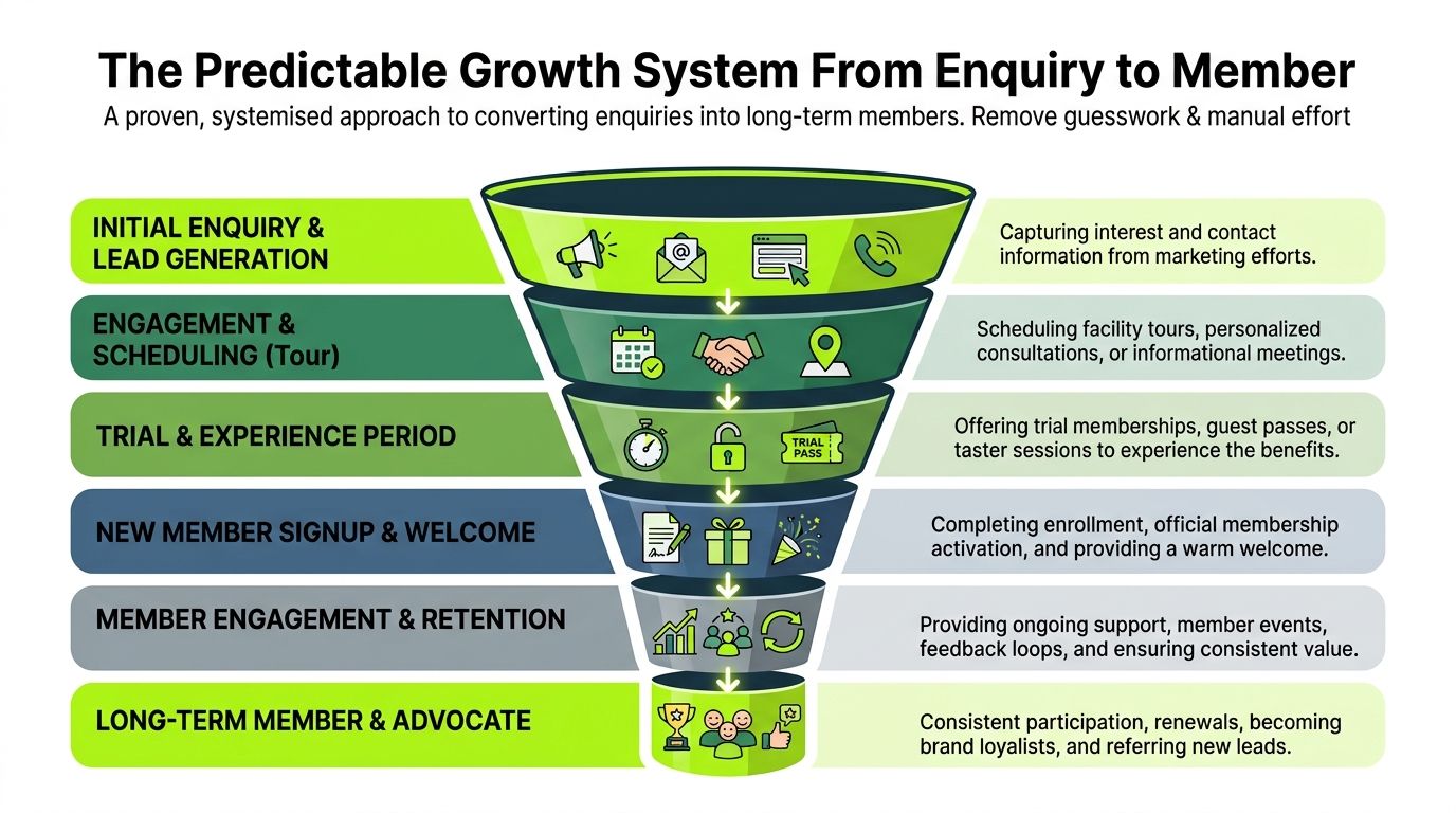 A funnel diagram illustrating a six-step process for converting marketing leads into loyal long-term business members.