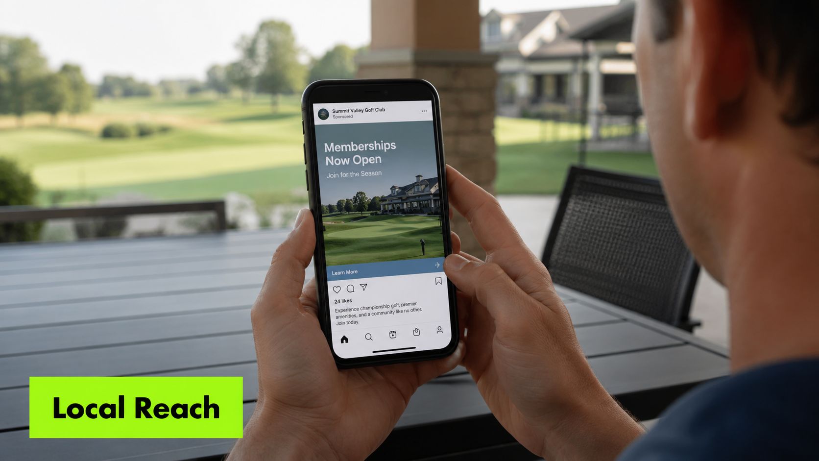 A person holding a smartphone displaying a social media advertisement for the Summit Valley Golf Club.