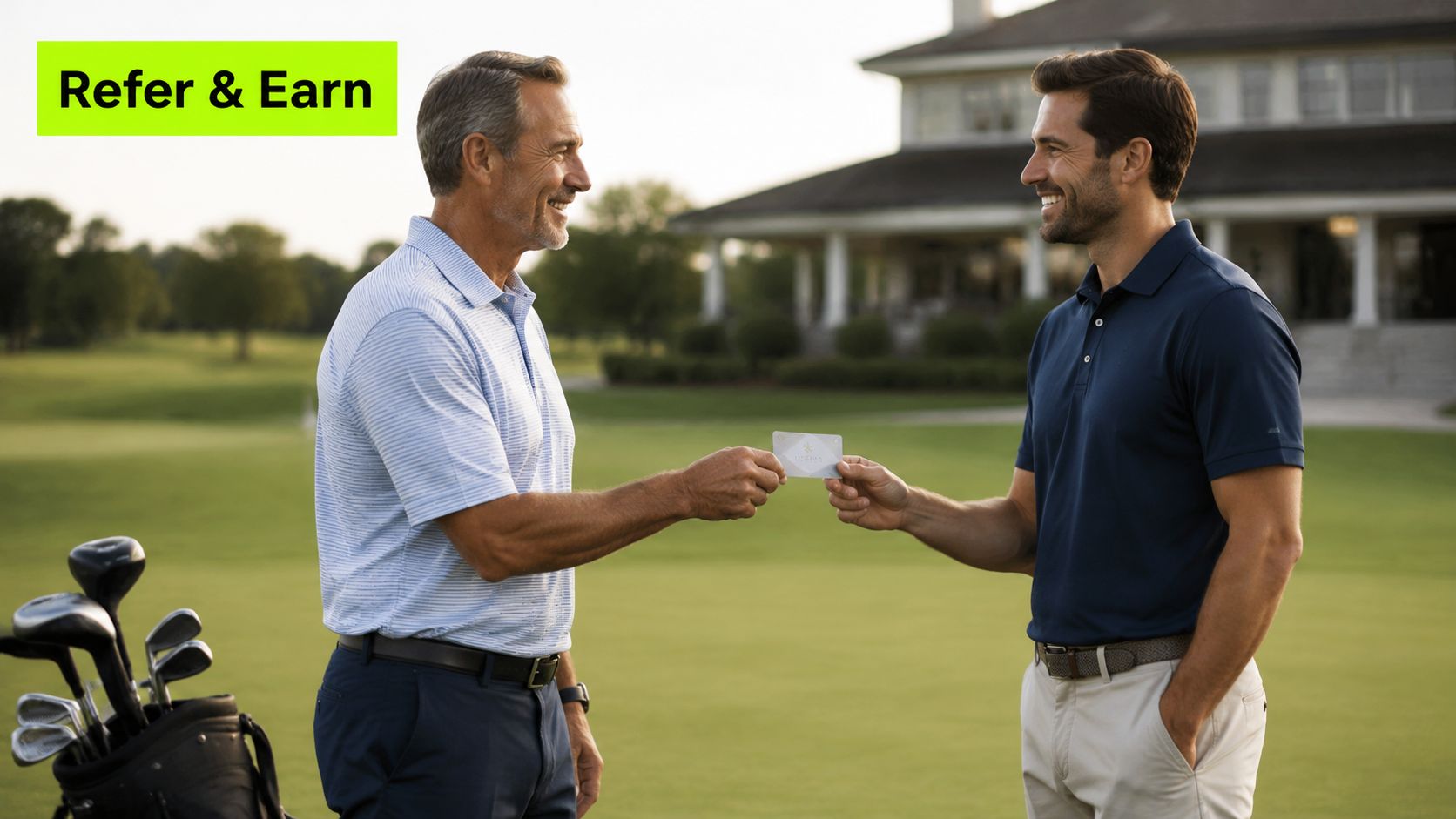 Two men standing on a golf course exchange a card as part of a referral program.